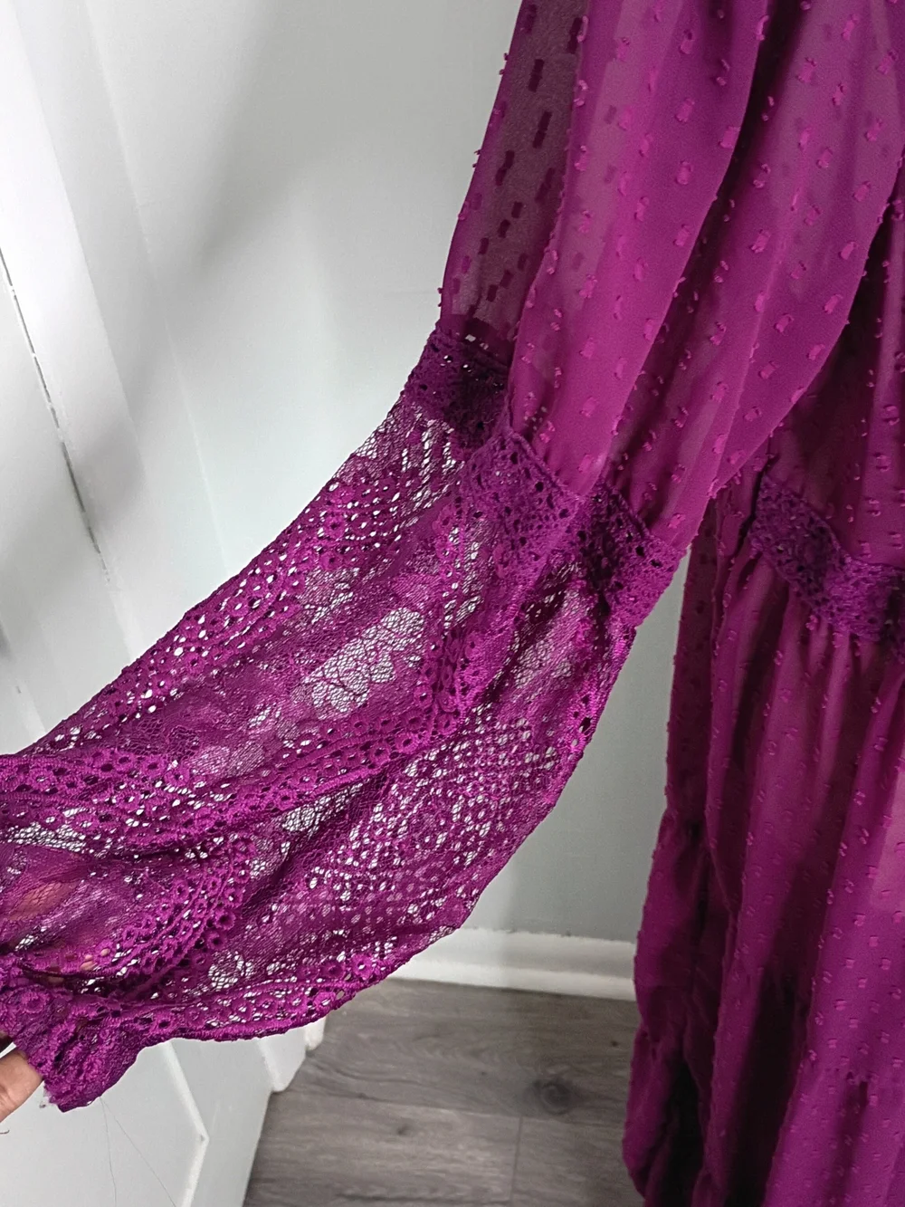 Torrid Sheer Plum Dotted Lace Sleeve Boho Maxi Duster with Tie Front, Size 2 - Picture 8 of 9